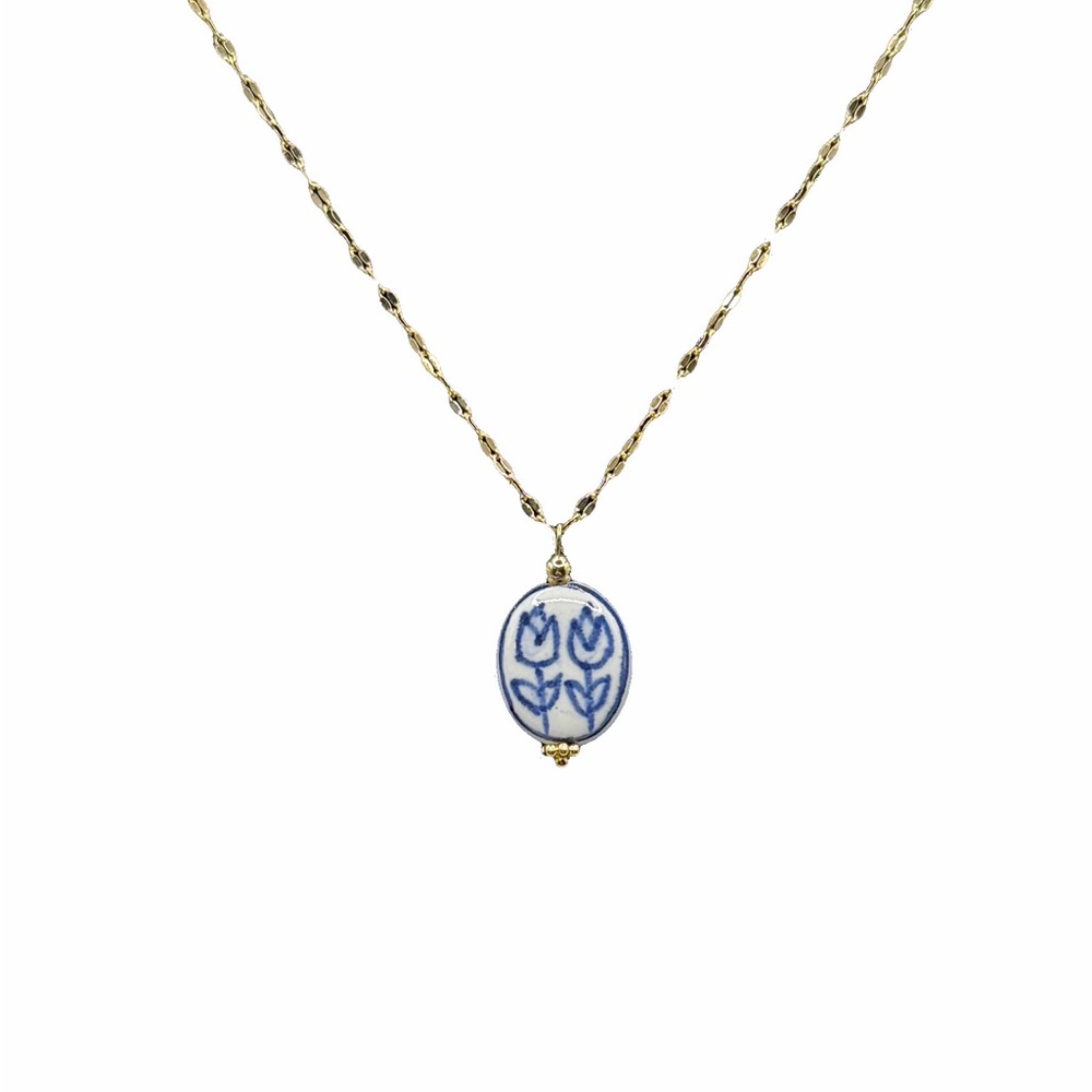 Blue and White Floral Ceramic Pendant on Stainless Steel Necklace - Picture 5 of 13